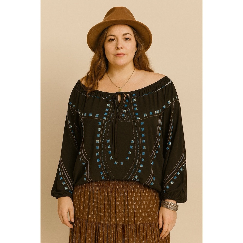 Mushka By Sienna Rose Boho Blouse Womens Small Black  Embroidered Sheer Bohemian